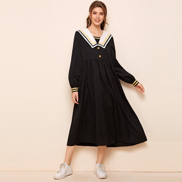 

Collared Striped Trim Buttoned Front Dress, Black