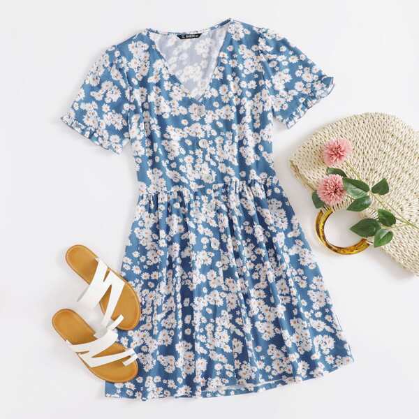 

Daisy Print Ruffle Cuff Button Front Dress, Blue