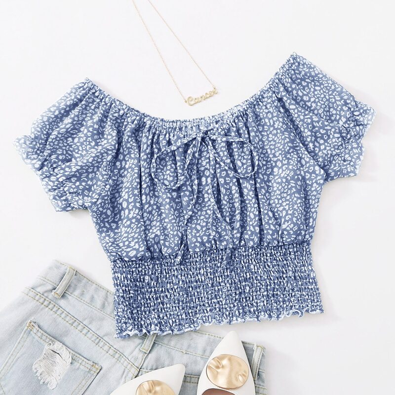 

All Over Print Shirred Crop Top, Blue