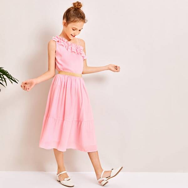 

Girls Asymmetrical Neck Layered Ruffle Detail Top & Glitter Waist Skirt Set, Baby pink