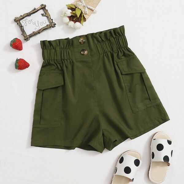 

Girls Paperbag Waist Flap Pocket Side Shorts, Army green