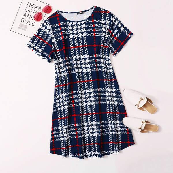 

Plus Round Neck Plaid Dress, Blue