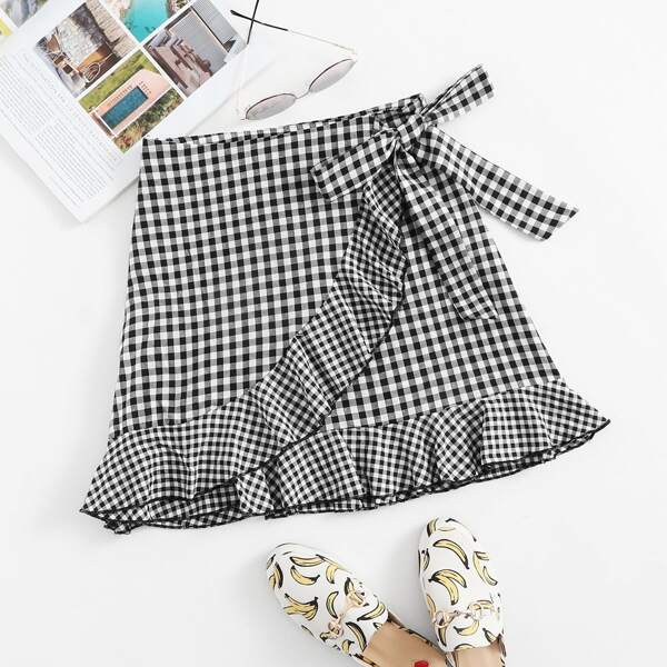 

Tie Front Ruffle Trim Buffalo Plaid Skirt, Black and white