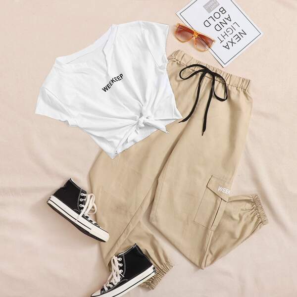 

Letter Graphic Knot Hem Tee & Cargo Pants, Multicolor
