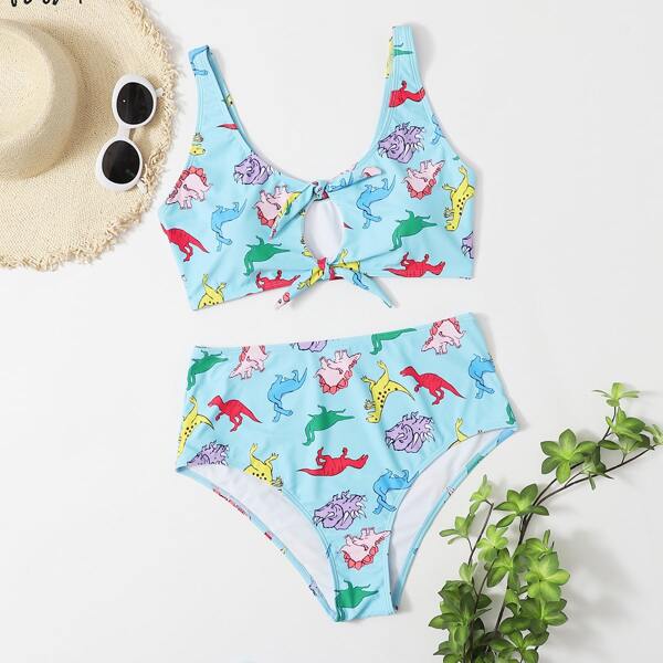 

Plus Cartoon Dinosaur Knot Front Bikini Swimsuit, Baby blue