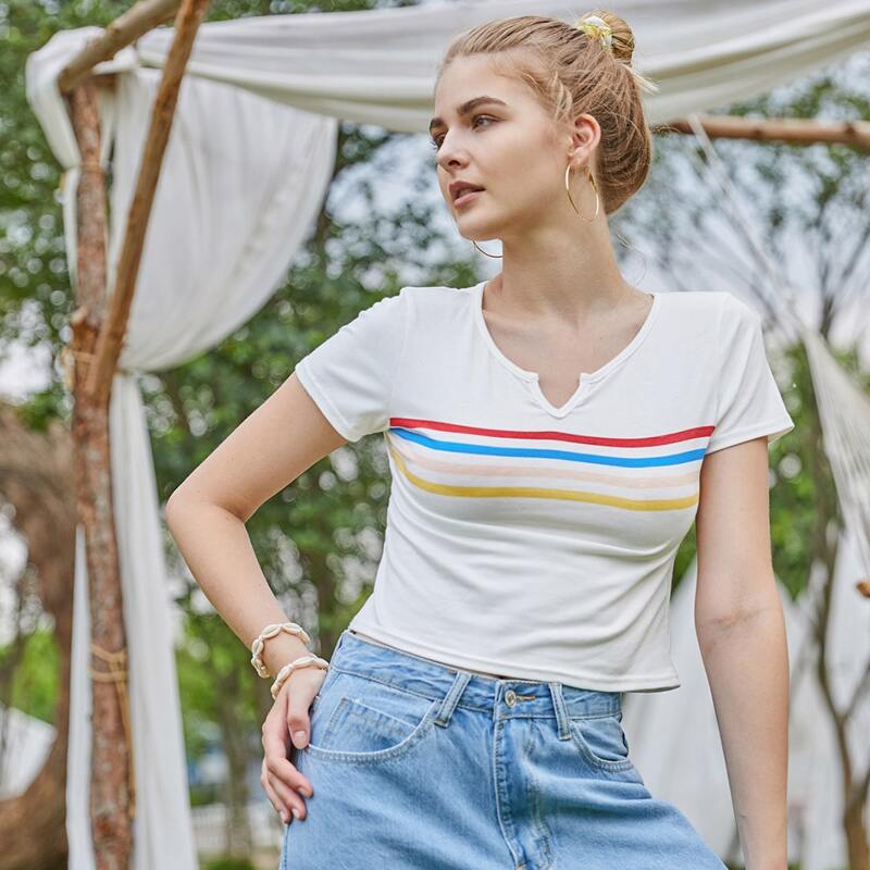 

V Cut Stripe Tee, White