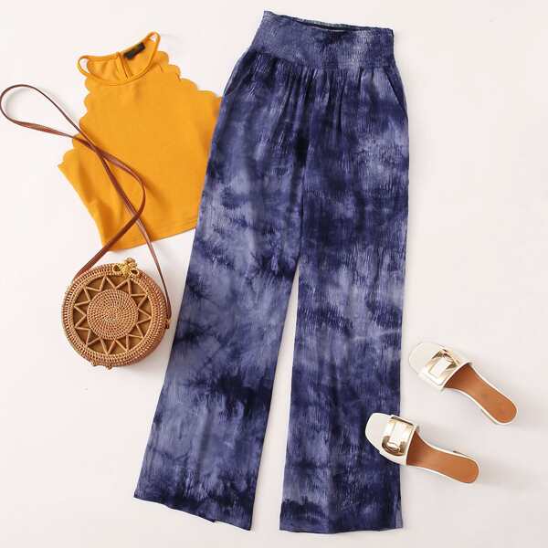 

Shirred Waist Tie Dye Pants, Purple