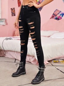 SHEIN ICON Quần jean Nút màu trơn màu đen Giải trí - màu đen - Xem 3