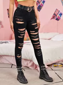 SHEIN ICON Quần jean Nút màu trơn màu đen Giải trí - màu đen - Xem 5