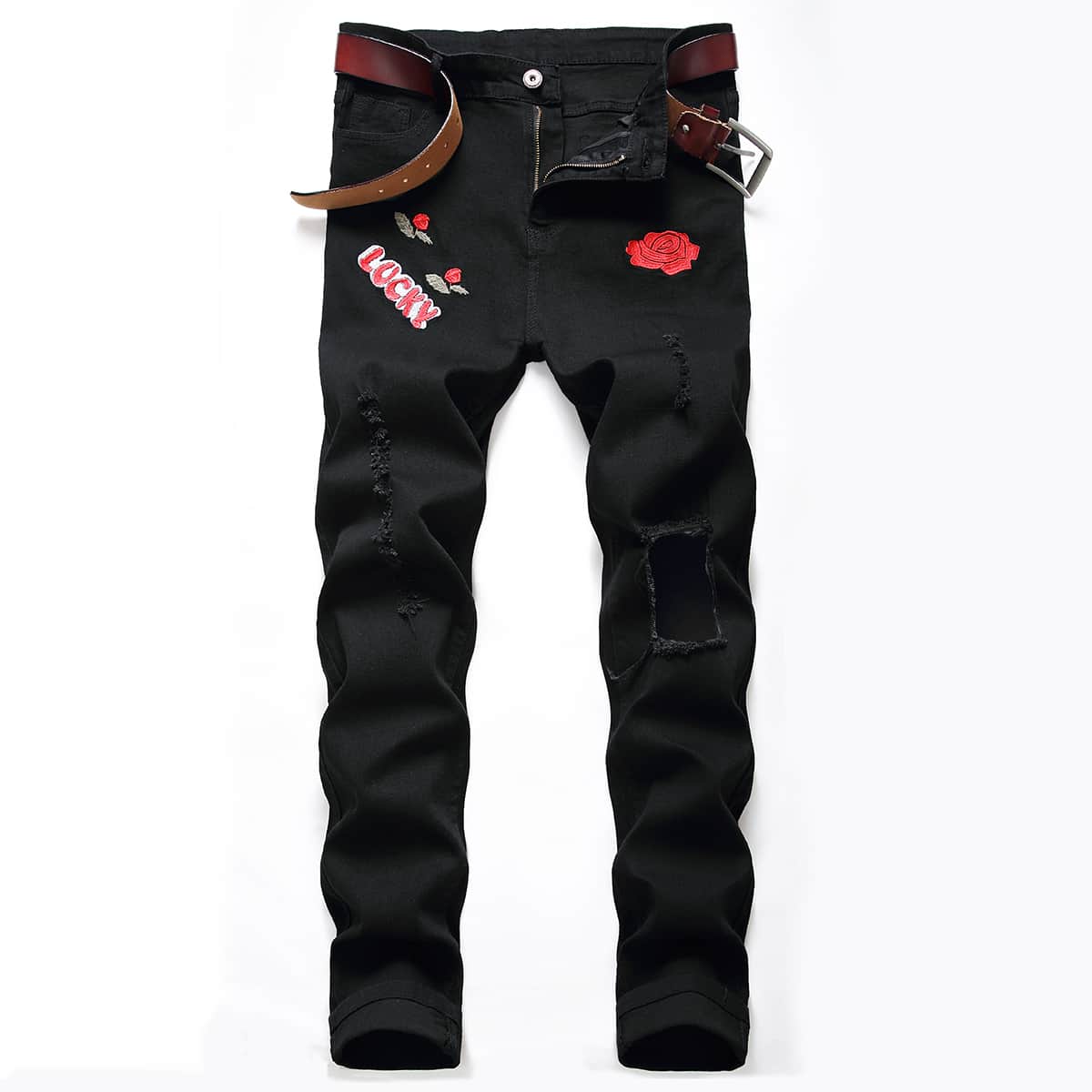 

Guys Flower Embroidery Ripped Jeans, Black