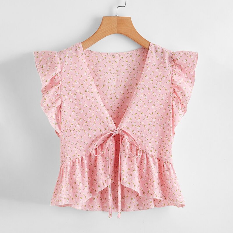 

Ditsy Floral Tie Front Top, Baby pink