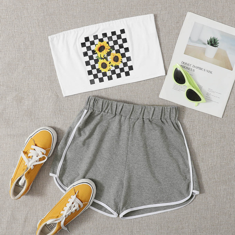 

Sunflower Print & Checkerboard Tube Top & Shorts, Multicolor