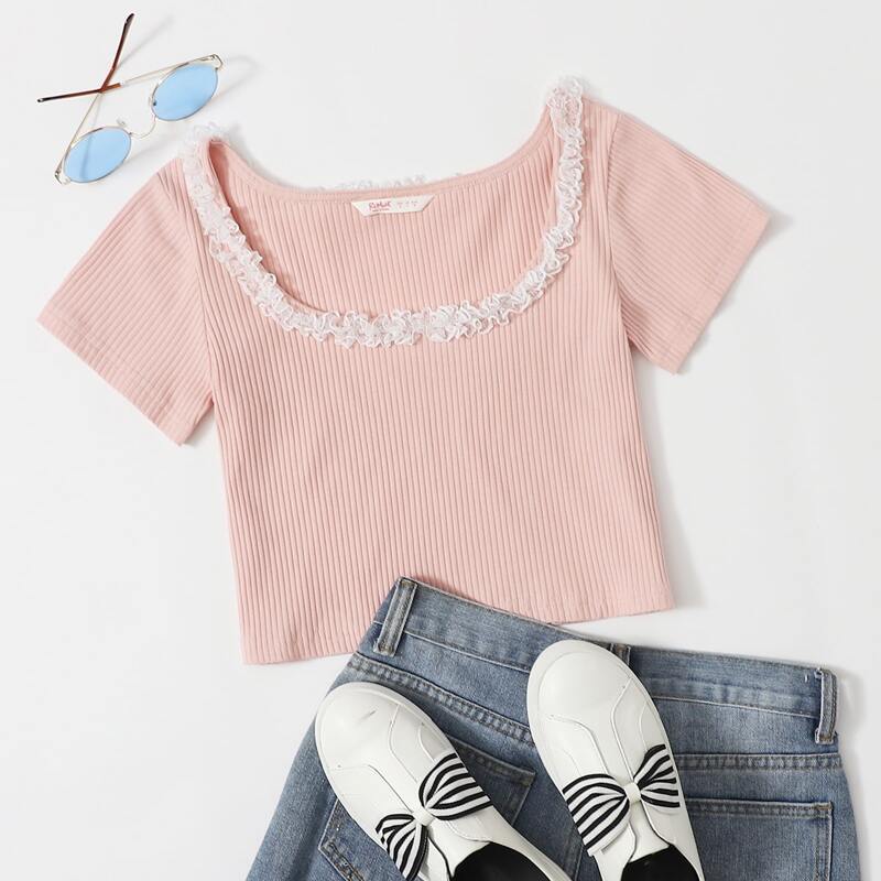 

Ribbed Frill Lace Tee, Baby pink