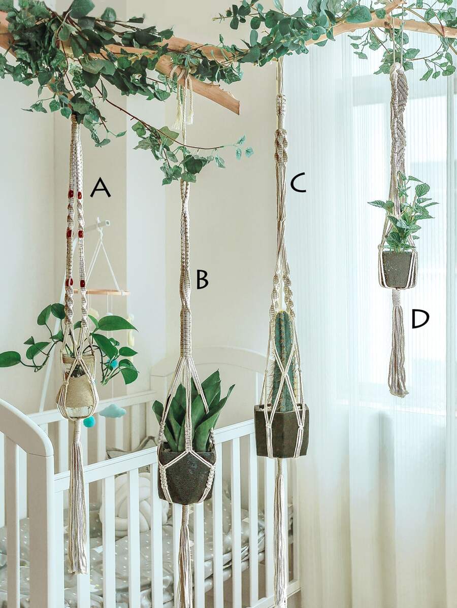 1pc Macrame Hanging Basket, Woven Design Plant Hanger For Home Easter - White - View 1