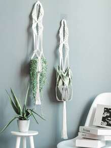 1pc Macrame Hanging Basket, Woven Design Plant Hanger For Home Easter - White - View 4
