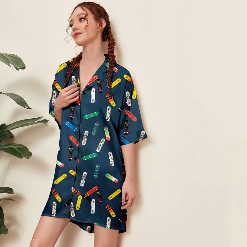 

Allover Skateboard Print Shirt Nightdress, Navy blue