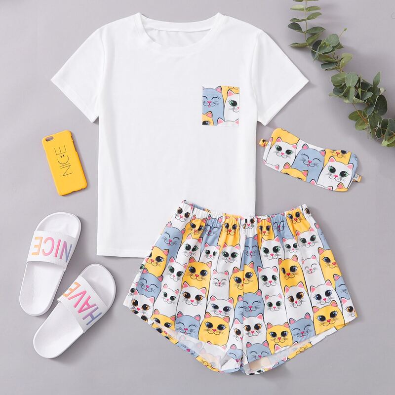 

Cat Print Pocket Front PJ Set & Eye Mask, Multicolor