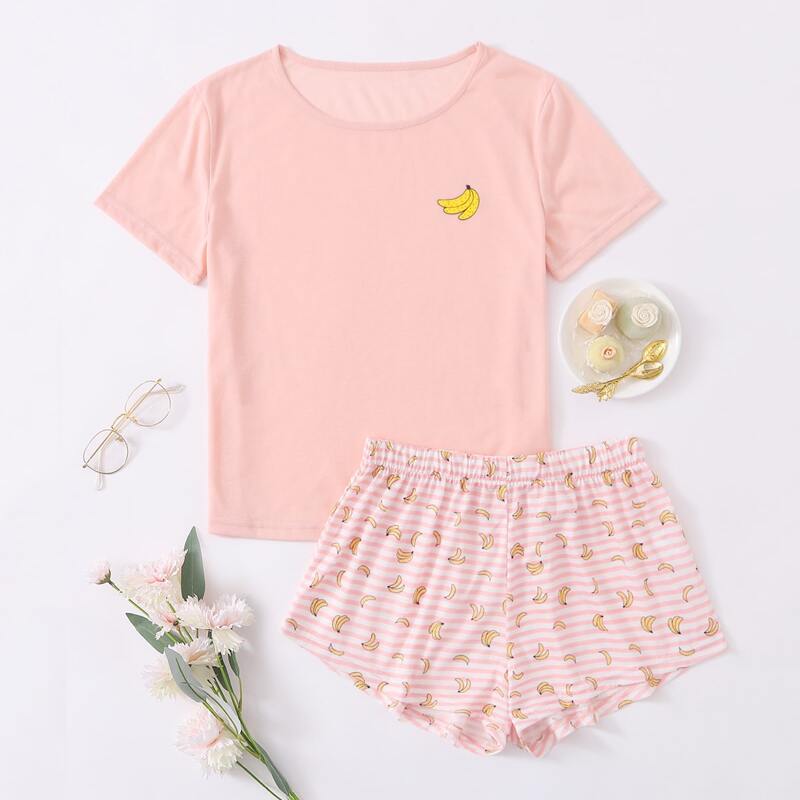 

Banana And Striped Print PJ Set, Multicolor