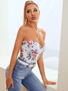 SHEIN Privé Floral Print Sweetheart Neck Tube Top - White - View 1