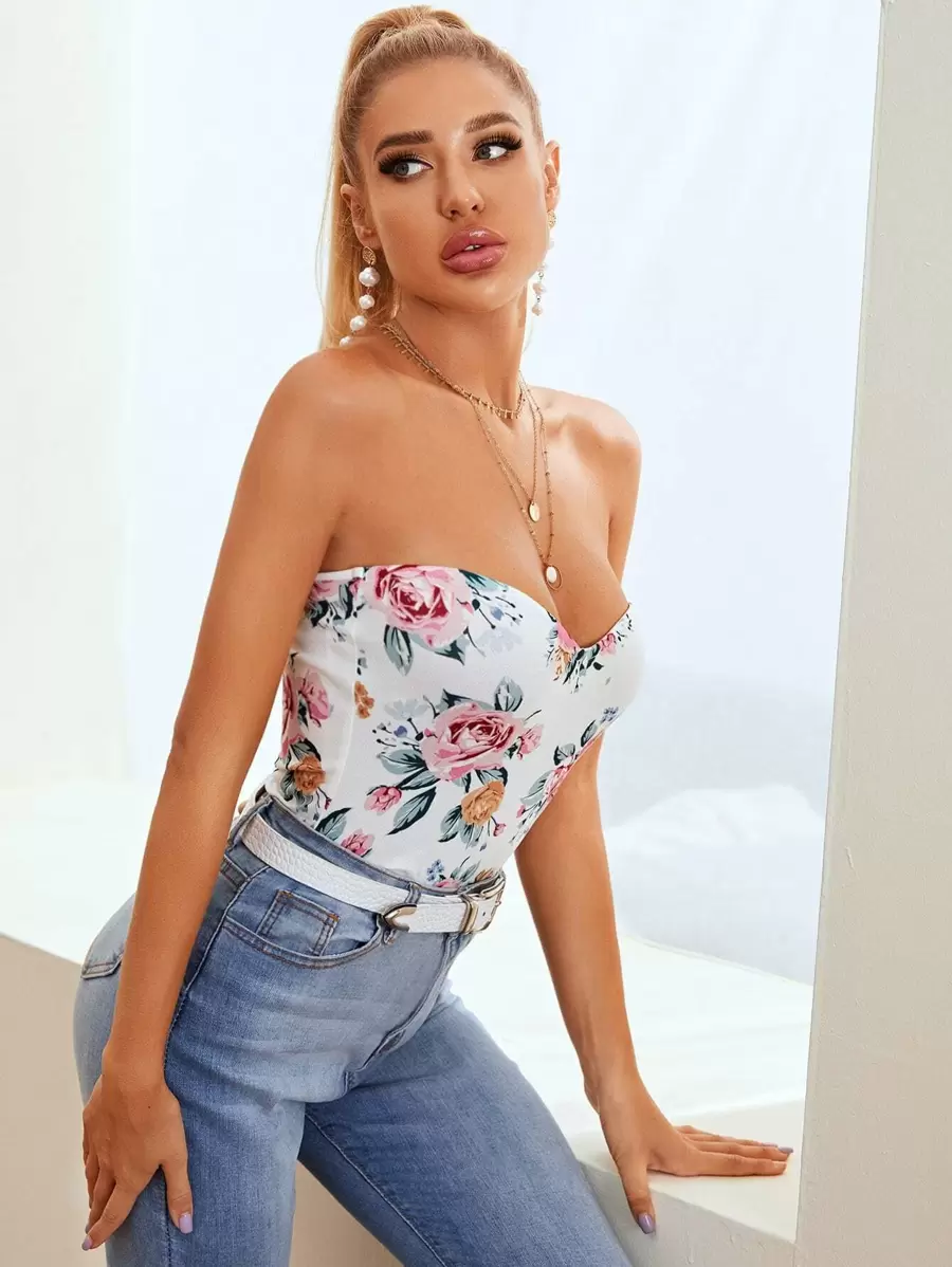 SHEIN Privé Floral Print Sweetheart Neck Tube Top - White - View 1