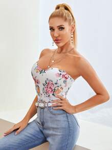 SHEIN Privé Floral Print Sweetheart Neck Tube Top - White - View 3