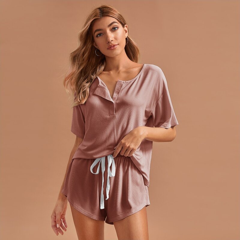 

Button Front Tee & Tie Front Shorts PJ Set, Dusty pink
