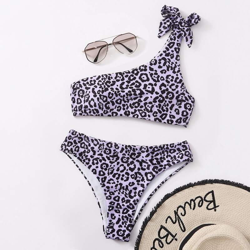 

Leopard One Shoulder Bikini Swimsuit, Multicolor