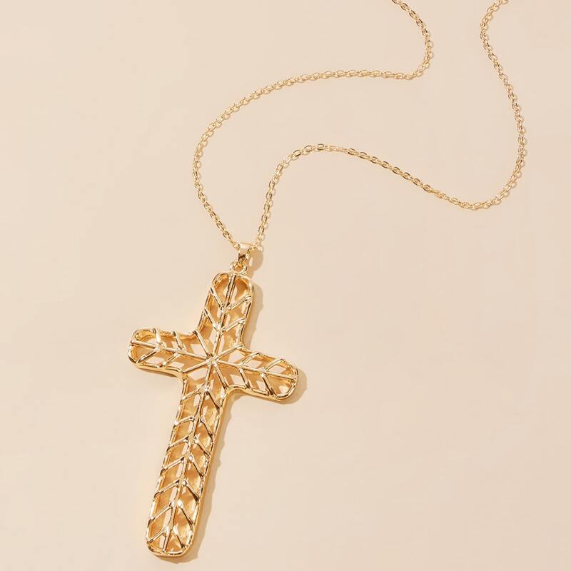 

1pc Hollow Out Cross Chain Necklace, Gold