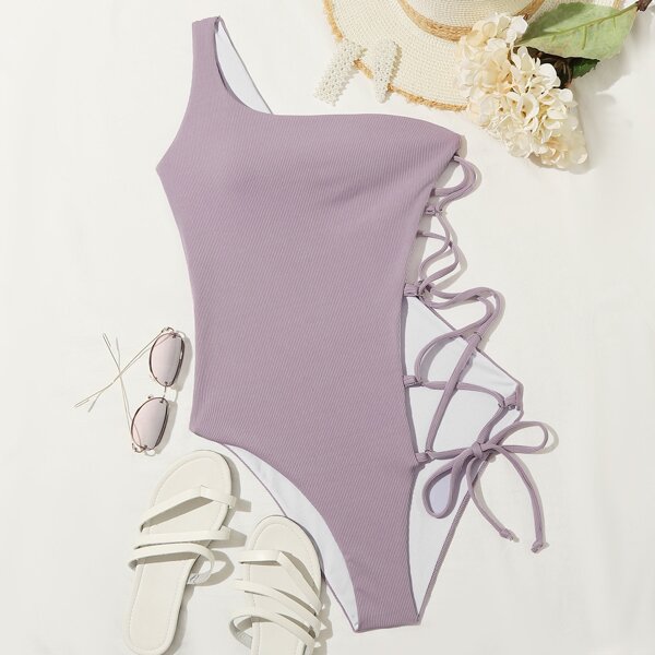 

Rib Lace-up One Shoulder One Piece Swimsuit, Mauve purple