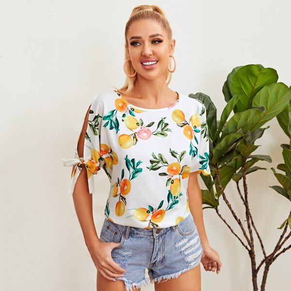 

Orange Print Knot Cuff Split Sleeve Blouse, Multicolor