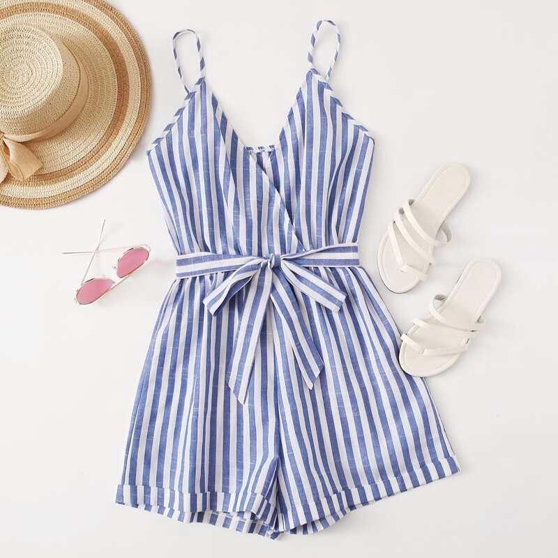 

Striped Belted Cami Romper, Blue and white