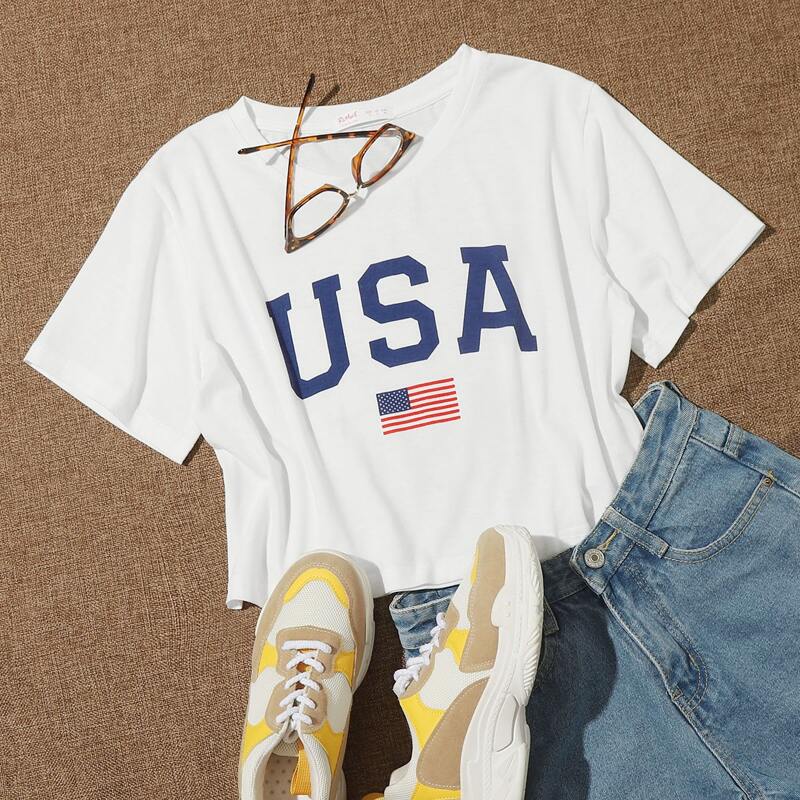 

American Flag Graphic Crop Tee, White
