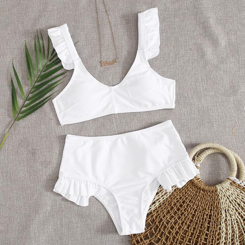 

Ruffle Trim Bikini Swimsuit, White