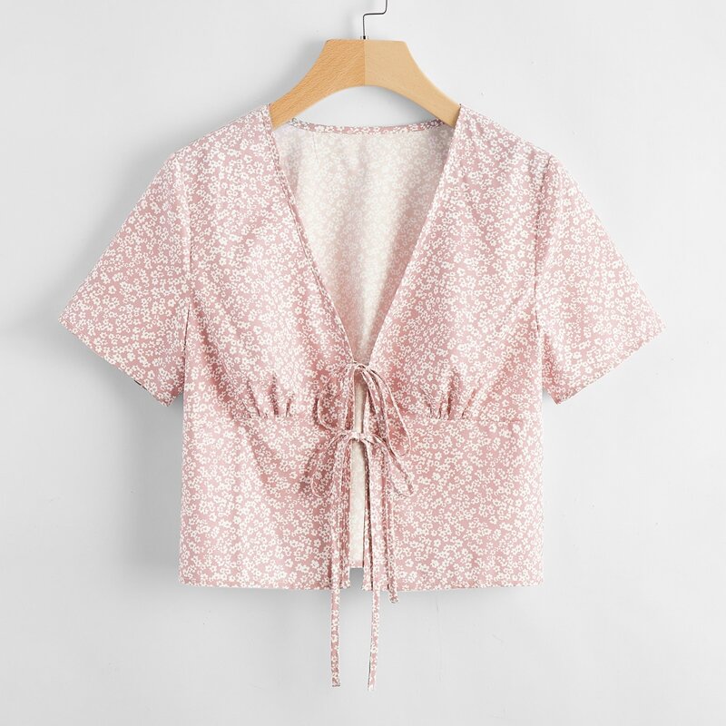 

Ditsy Floral Tie Front Top, Baby pink