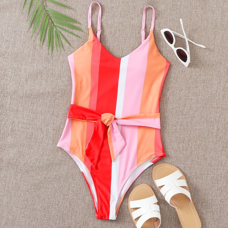 

Colorful Stripe Knot Front One Piece Swimsuit, Multicolor
