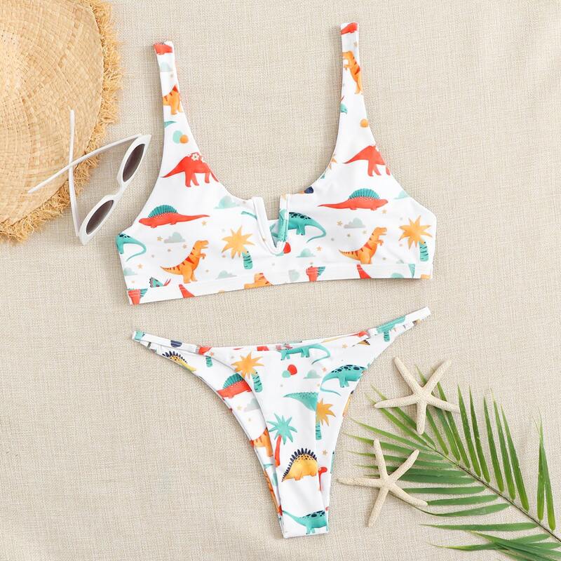 

Cartoon Dinosaur V Wired Thong Bikini Swimsuit, White
