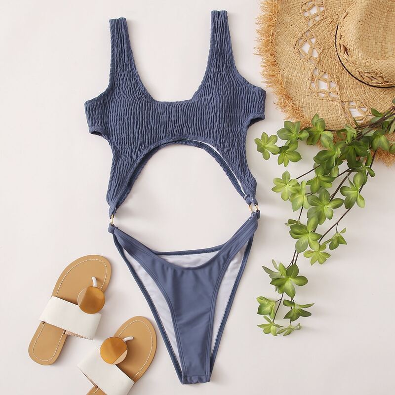 

Smocked Cut-out High Leg One Piece Swimsuit, Dusty blue