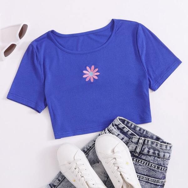 

Floral Embroidered Crop Rib-knit Tee, Royal blue