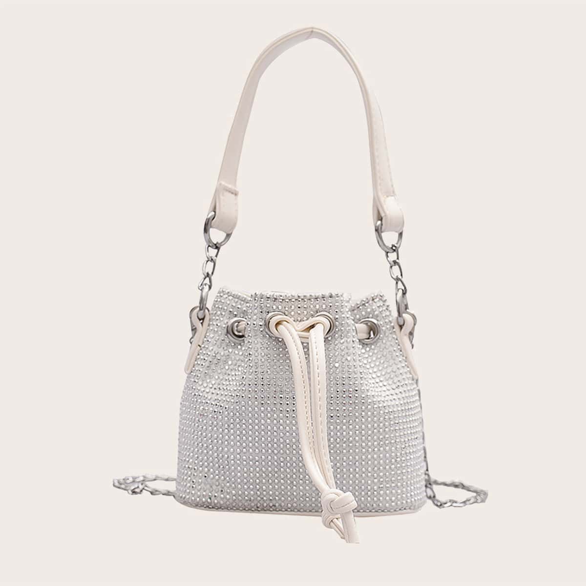 

Mini Allover Rhinestone Decor Drawstring Bucket Bag, Silver