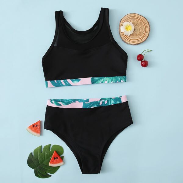 

Girls Tropical Contrast Mesh Bikini Swimsuit, Black