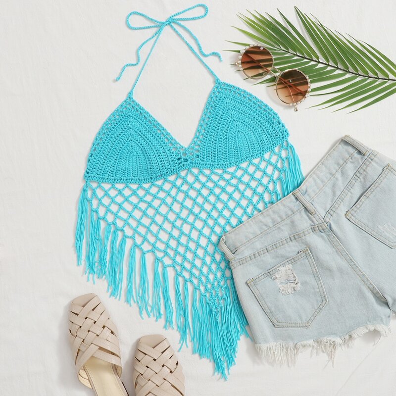 

Tie Back Fringe Crochet Halter Cover Up, Blue