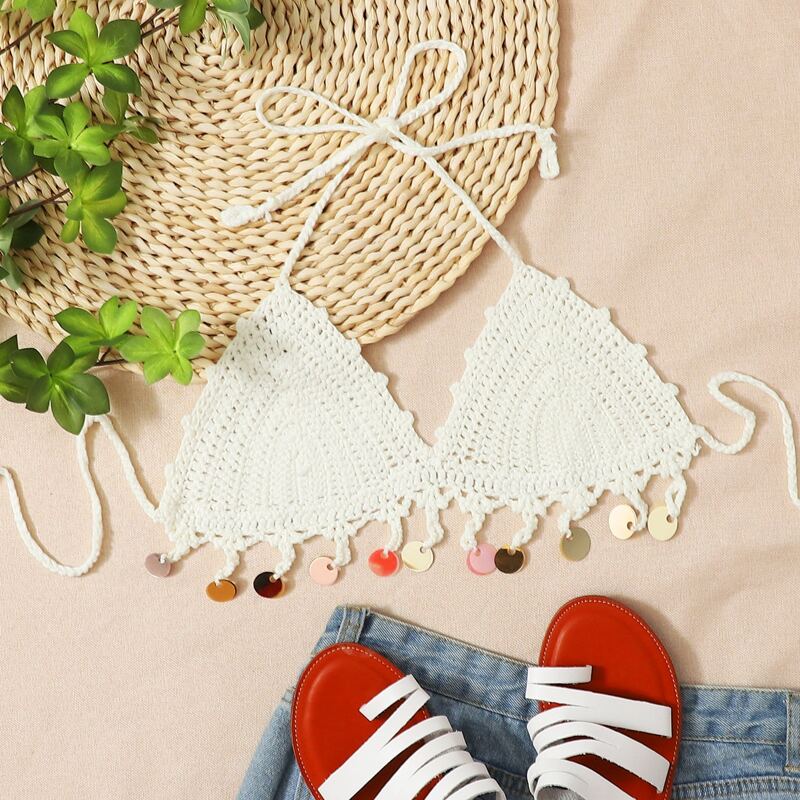 

Crochet Halter Triangle Bikini Top, White