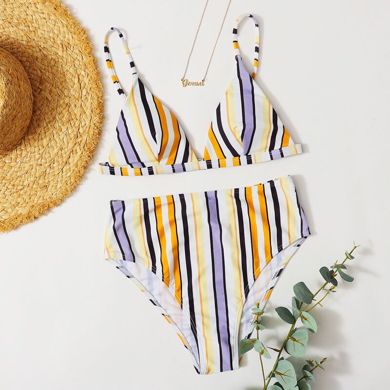 

Striped Triangle High Waisted Bikini Swimsuit, Multicolor