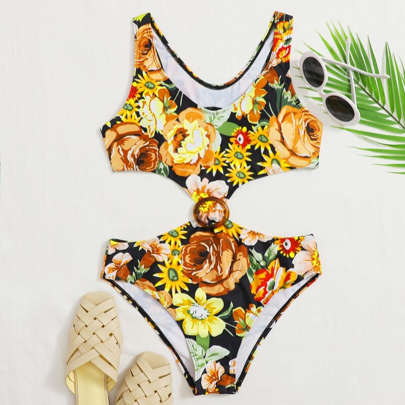 

Floral Cut-out One Piece Swimsuit, Multicolor
