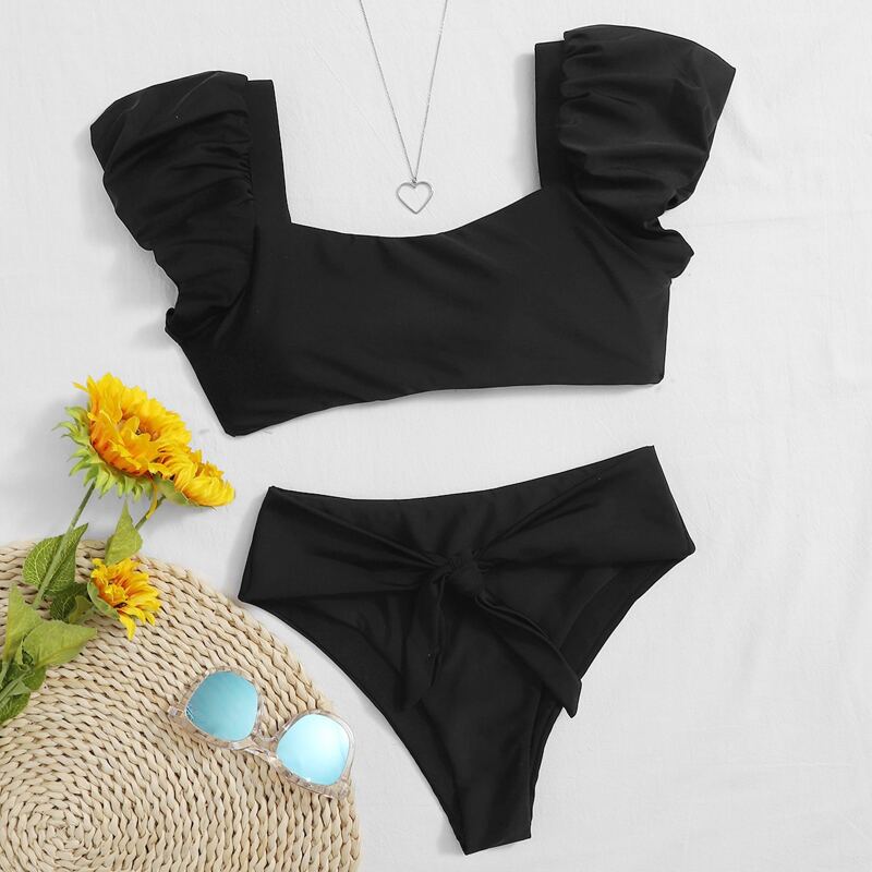 

Knot Front Ruffle Sleeve Bikini Swimsuit, Black