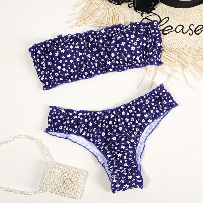 

Ditsy Floral Lettuce Trim Bandeau Bikini Swimsuit, Purple