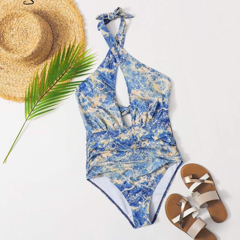 

Bleach Dye Cross Halter One Piece Swimsuit, Blue