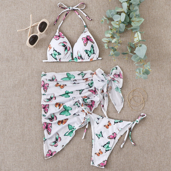 

3pack Butterfly Print Bikini Swimsuit & Beach Skirt, Multicolor