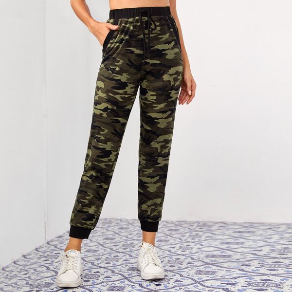 

Tie Front Camo Print Sweatpants, Multicolor