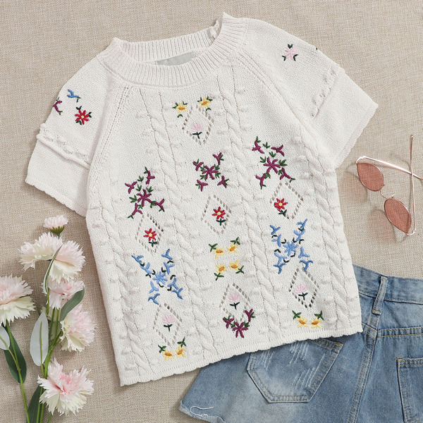 

Floral Embroidery Cable Knit Top, Beige